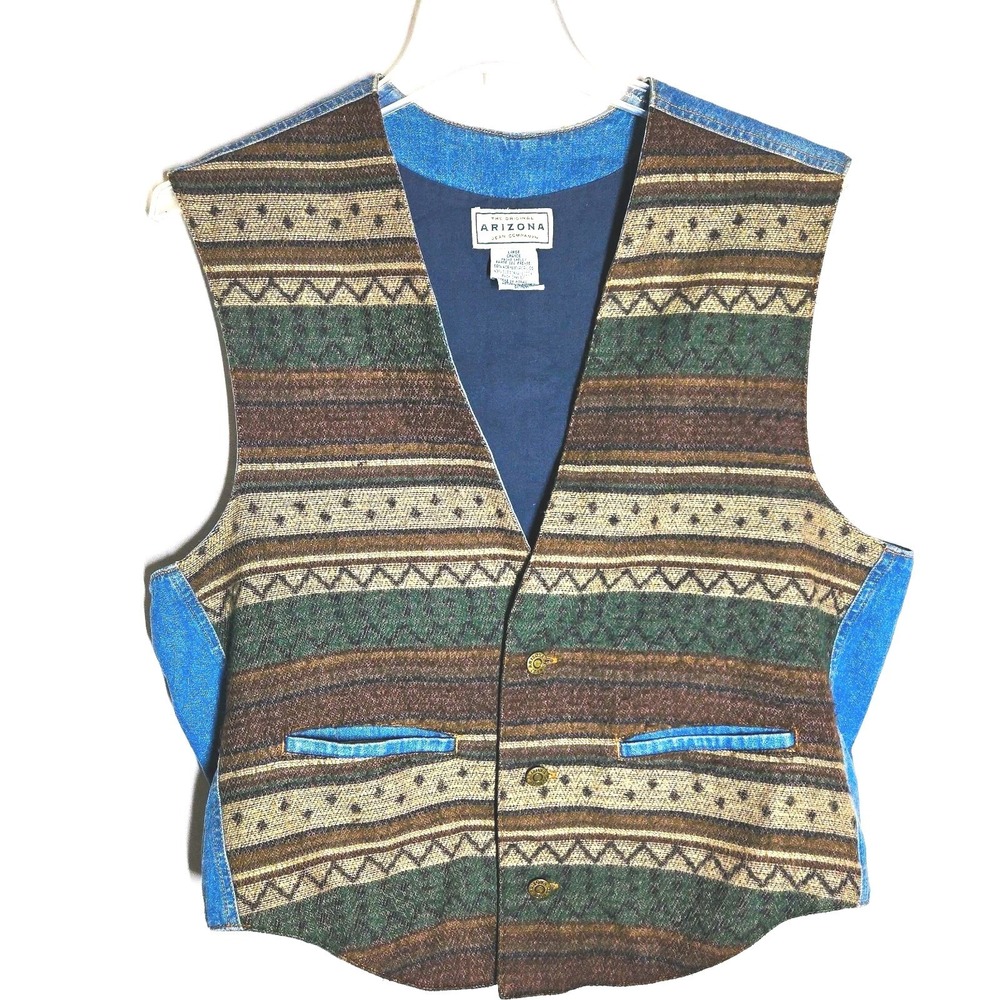 VTG Arizona Jean Company Mens L Geometric South Western Vest Button Cowboy Denim